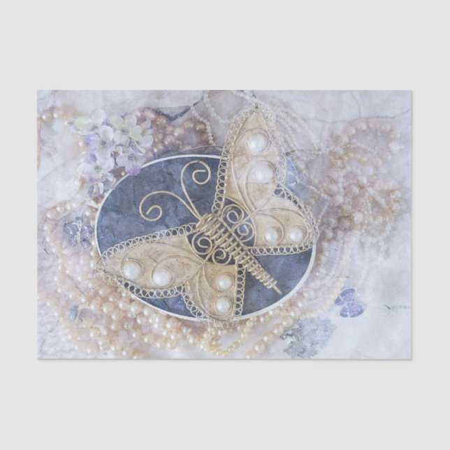 Butterfly Wedding Bridal White Gold Decoupage Tissue Paper (Front)