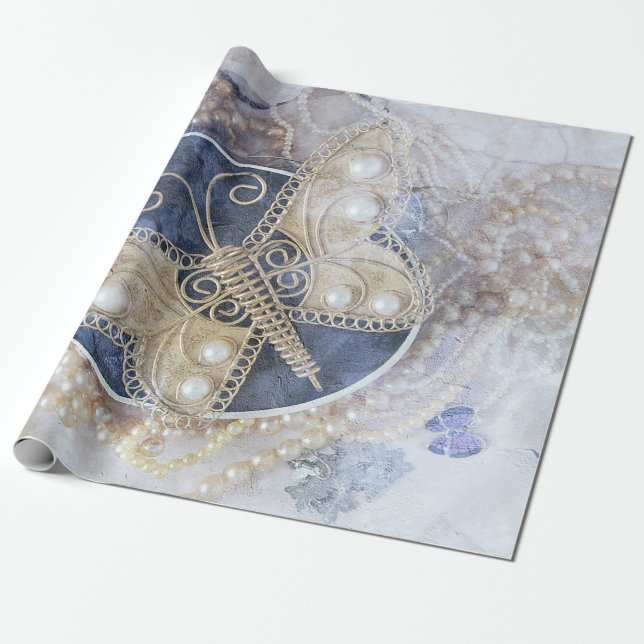 Butterfly Wedding Bridal White Gold Elegant Wrapping Paper (Unrolled)