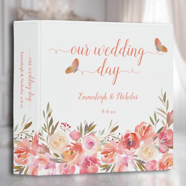 Butterfly Wedding Coral Boho Floral 3 Ring Binder (Creator Uploaded)