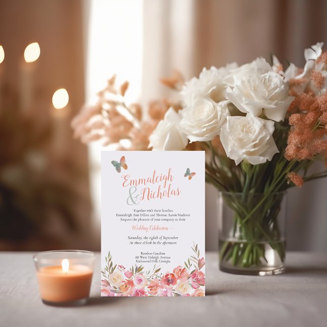 Butterfly Wedding Coral Boho Floral Invitation (Creator Uploaded)