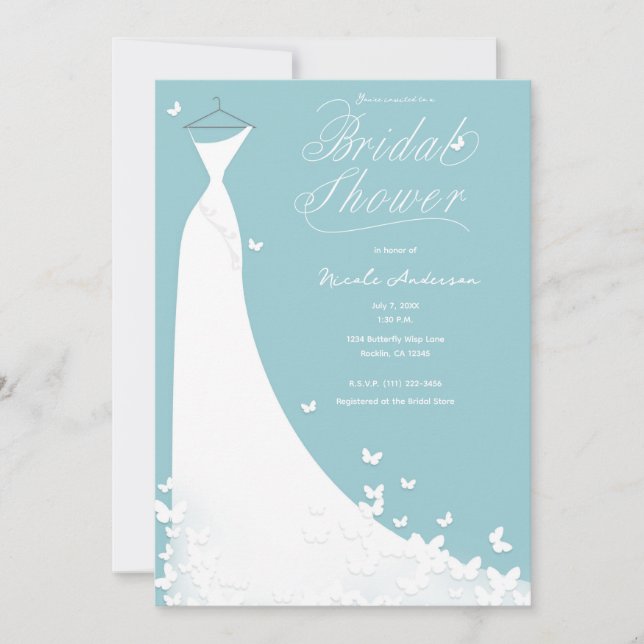 Butterfly Wedding Dress Turquoise Bridal Shower Invitation (Front)