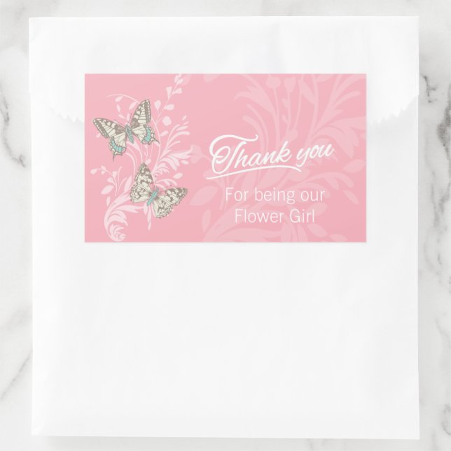 Butterfly wedding flower girl thank you pink rectangular sticker (Bag)
