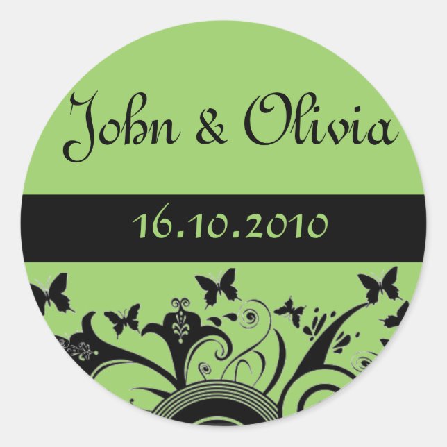 butterfly wedding green classic round sticker (Front)