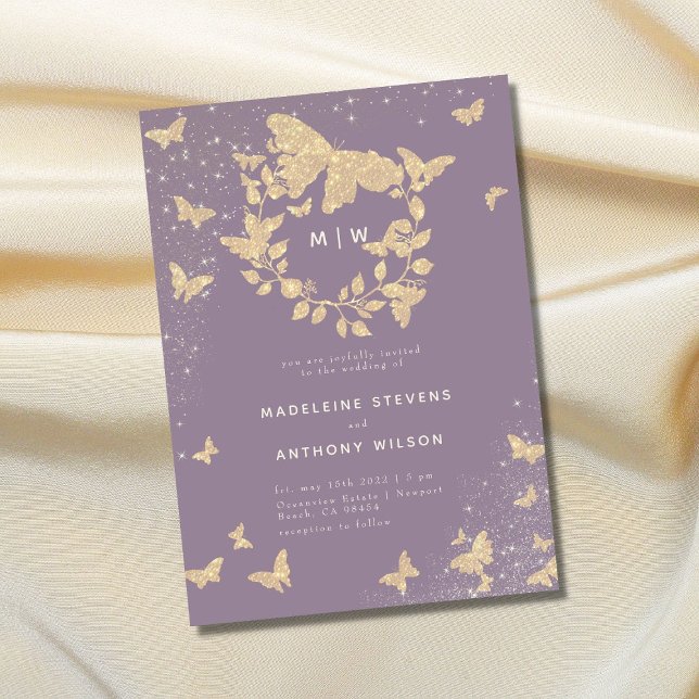 Butterfly Wedding Lilac Gold Monograms Elegant Invitation (Creator Uploaded)
