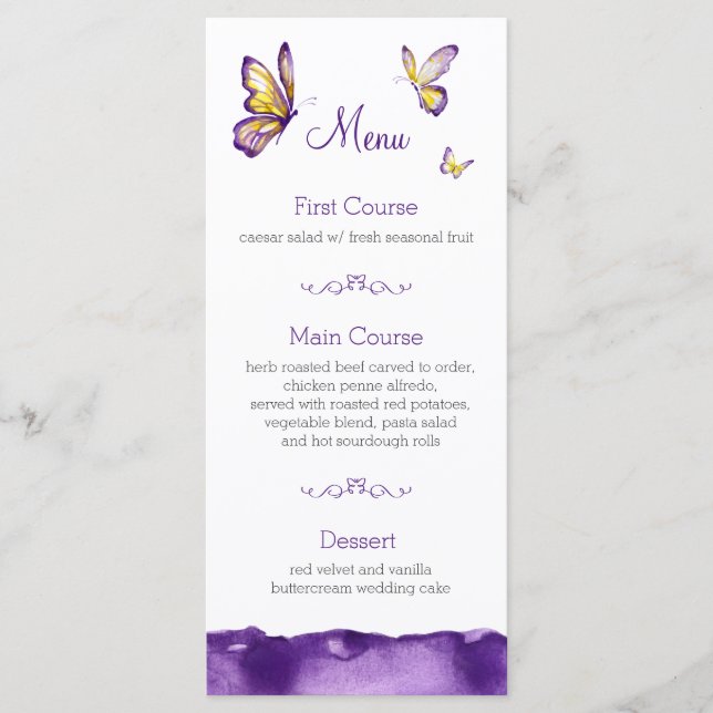 Butterfly Wedding Menu Cards | Purple Watercolor (Front)