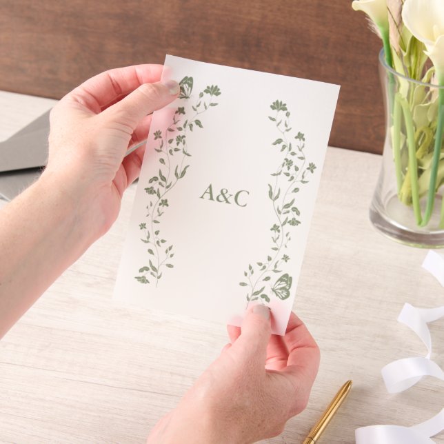 Butterfly Wedding Vellum Overlay Sage Green  Invitations (Handheld)