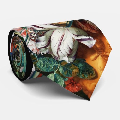 BUTTERFLY WHITE FLOWERS AND  GREEN LEAVES Floral  Neck Tie