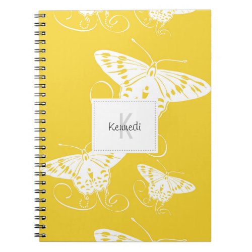 Butterfly White On Yellow Pattern Name Notebook