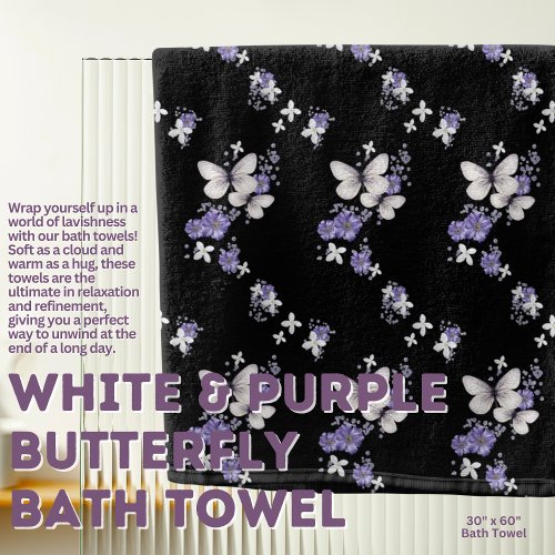 Butterfly White Purple Black Bath Towel Set