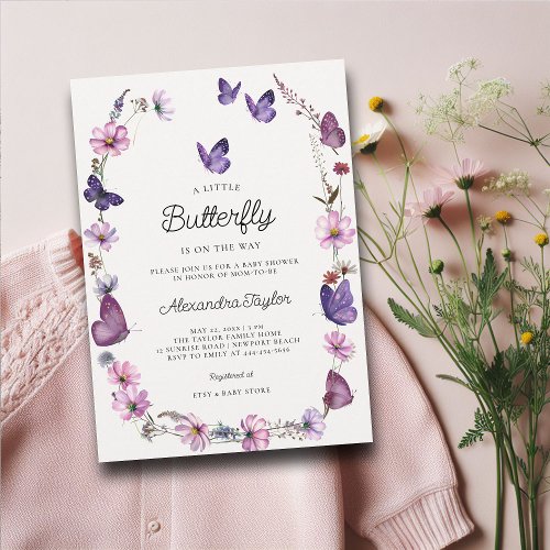 Butterfly Wild Purple Mauve Pink Baby Girl Shower Invitation