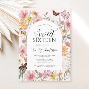 Butterfly Wildflower Arch Pink Sweet 16 Invitation
