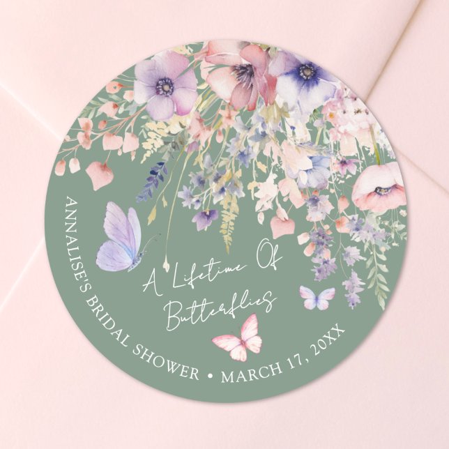 Butterfly Wildflower Bridal Shower Classic Round Sticker (Butterfly Wildflower Bridal Shower Classic Round Sticker )