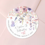 Butterfly Wildflower Bridal Shower Classic Round Sticker<br><div class="desc">A Lifetime Of Butterflies Bridal Shower Round Sticker. Add a sweet and whimsical touch to your bridal shower favors, packaging, or decorations with this round sticker design, perfect for a butterfly-themed celebration. The layout features delicate watercolor wildflowers and greenery with multiple pink and purple butterflies fluttering across the background. The...</div>