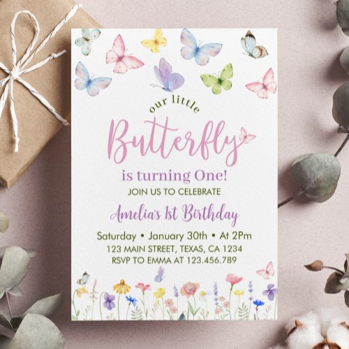 Butterfly Wildflower First Birthday Invitation 
