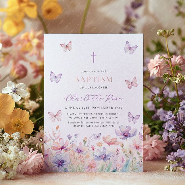 Butterfly Wildflower Floral Baptism Christening Invitation (Wildflower Baptism Invitation with pastel flowers and butterflies. Girl's baptism invitation)
