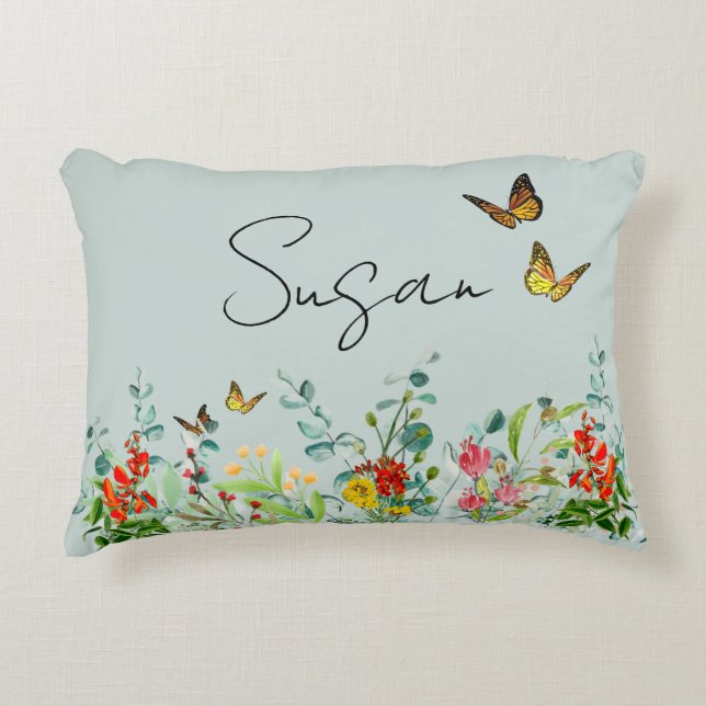 Butterfly Wildflower Garden Personalized Floral  Accent Pillow (Front)