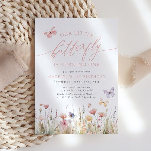 Butterfly Wildflower Girl 1st Birthday Invitation