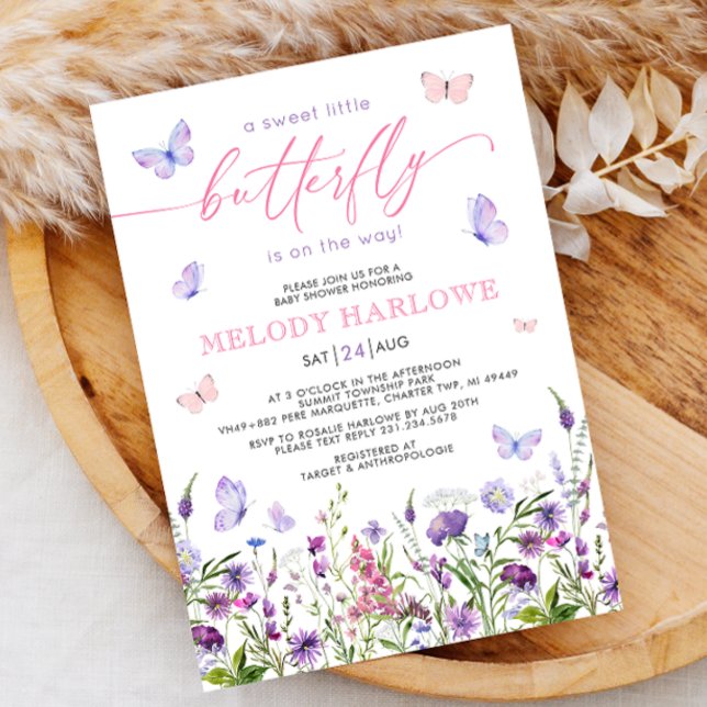 Butterfly Wildflower Pink and Purple Baby Shower Invitation (Butterfly Wildflower Pink and Purple Baby Shower Invitation)