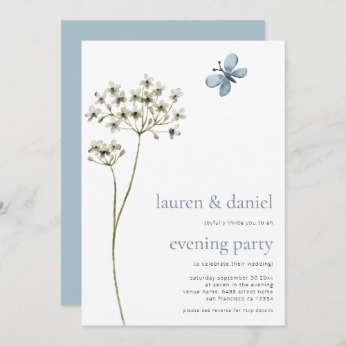 Butterfly Wildflower QR Blue Wedding Evening Party Invitation