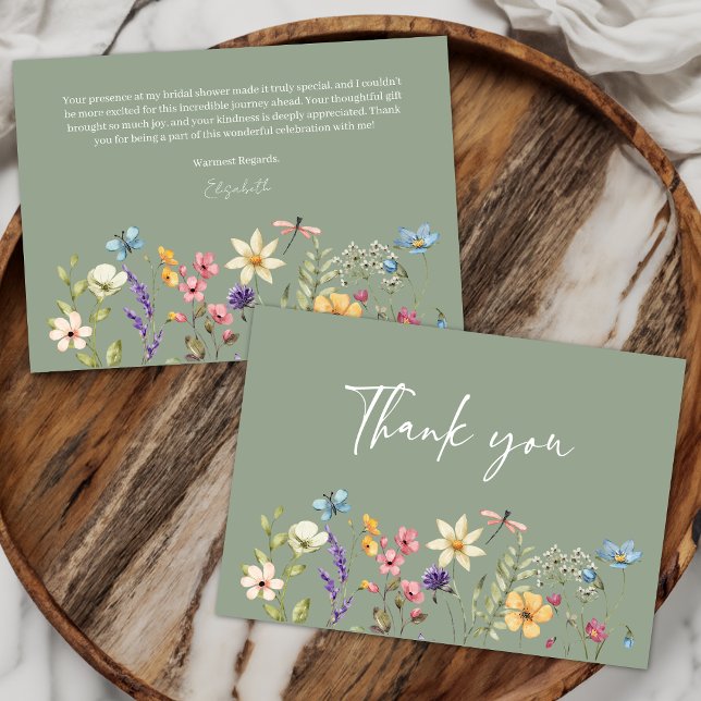 Butterfly & Wildflower Sage Green Bridal Shower  Thank You Card (Creator Uploaded)
