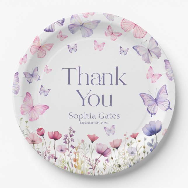 Butterfly Wildflower Thank You  Paper Plates (Front)
