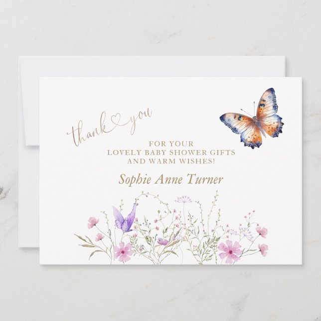 Butterfly Wildflowers Baby Shower Calligraphy  Thank You Card (Front)