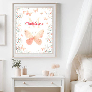 Butterfly Wildflowers Coral Teal Monogram Cute Poster