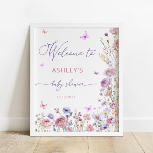 Butterfly Wildflowers Girl Baby Shower Welcome  Poster