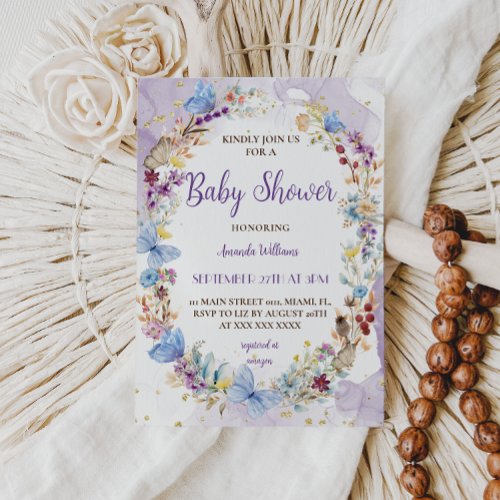 Butterfly Wildflowers Vintage Baby Girl Shower  Invitation