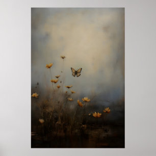 Butterfly Wildflowers Vintage Flower Art, Antique Poster