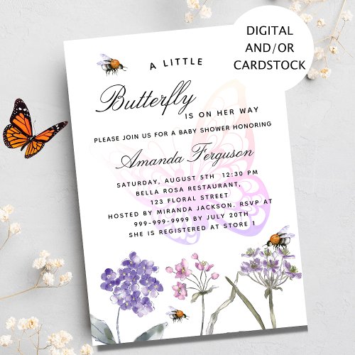 Butterfly wildflowers violet pink girl baby shower invitation