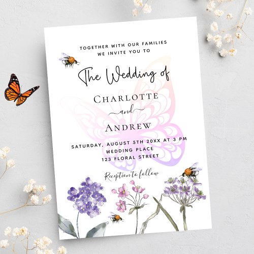 Butterfly wildflowers violet pink luxury wedding invitation