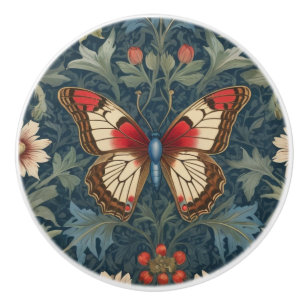 Butterfly William Morris style Blue & Red Floral Ceramic Knob