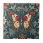 Butterfly William Morris style Blue & Red Floral Ceramic Tile<br><div class="desc">"country classic art nouveau insect", "butterfly with white wings", "sage green woodland animals", "british william morris ceramic tile", "leafy woods dark navy blue", "forest tree leaf leaves antique", "vintage red wildflowers insects", "wildlife english garden animal bugs", "nature floral flower botanical", "bug and traditional flowers"</div>