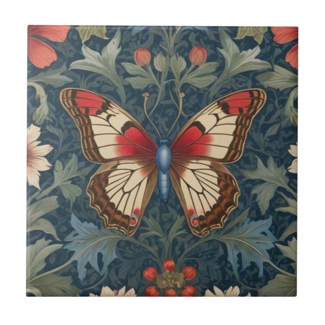 Butterfly William Morris style Blue & Red Floral Ceramic Tile (Front)