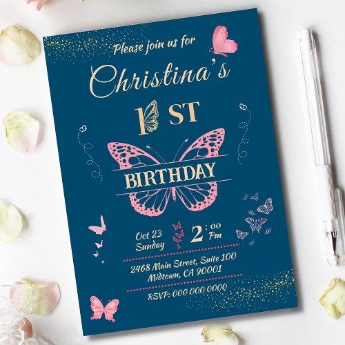 Butterfly wings 1st birthday blue color invitation