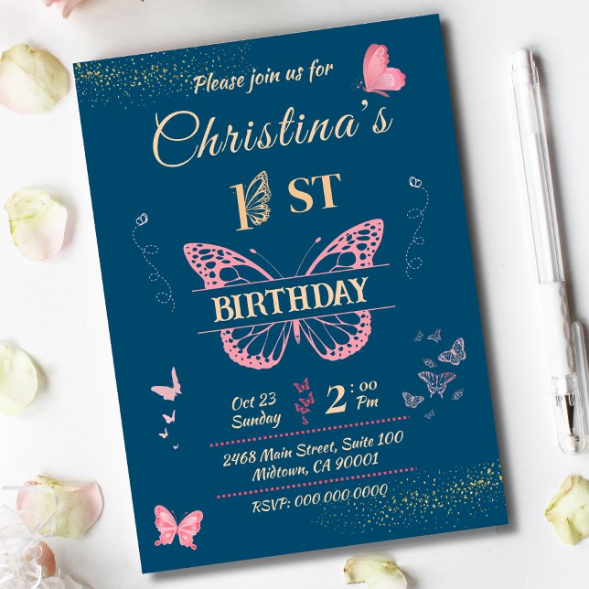 Butterfly wings 1st birthday blue color invitation (Creator Uploaded)
