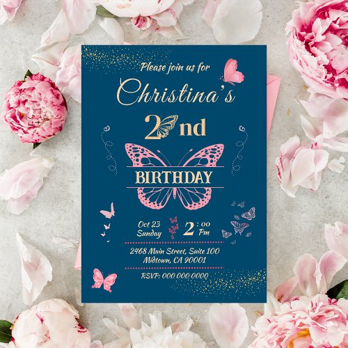 Butterfly wings 2nd birthday blue color invitation