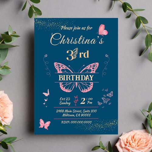 Butterfly wings 3rd birthday blue color invitation