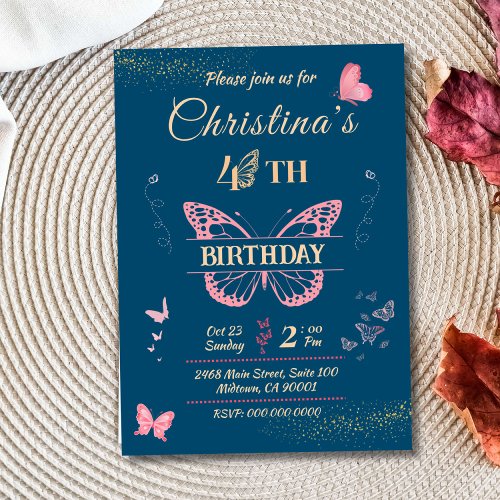 Butterfly wings 4th birthday blue color invitation