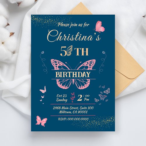 Butterfly wings 5th birthday blue color invitation