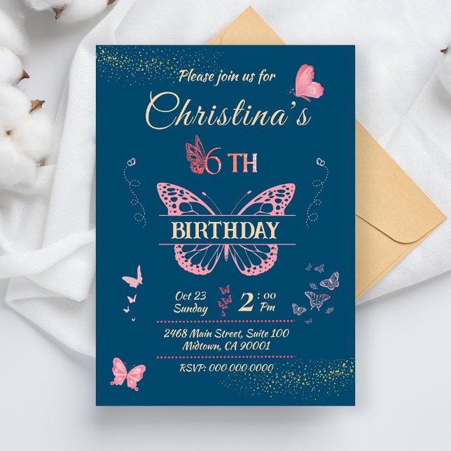 Butterfly wings 6th birthday blue color  invitation (Creator Uploaded)