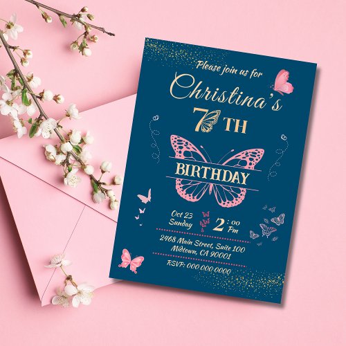 Butterfly wings 7th birthday blue color invitation