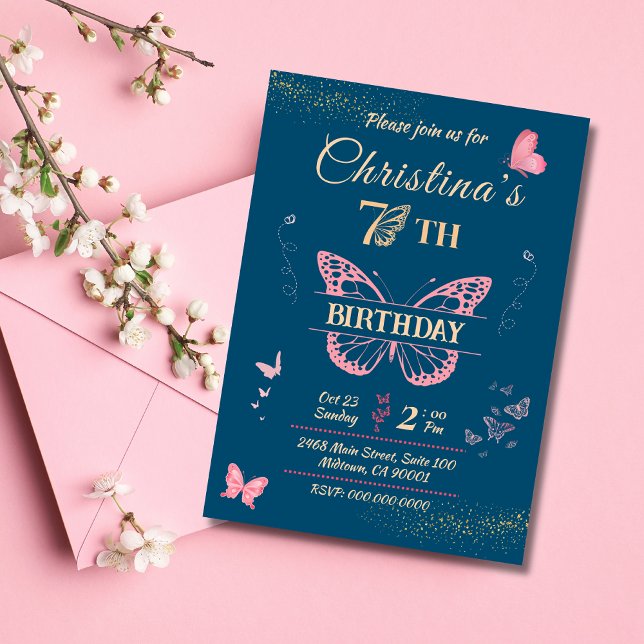 Butterfly wings 7th birthday blue color invitation (Creator Uploaded)