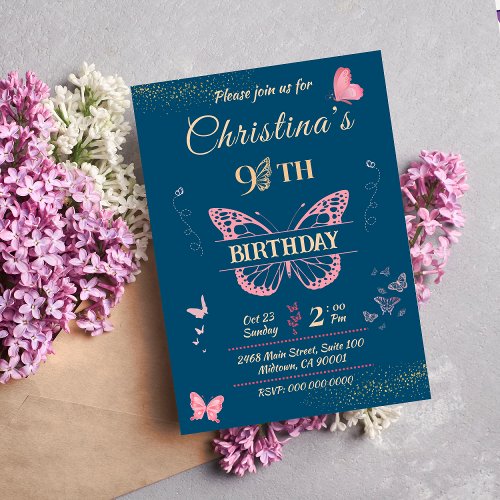 Butterfly wings 9th birthday blue color invitation