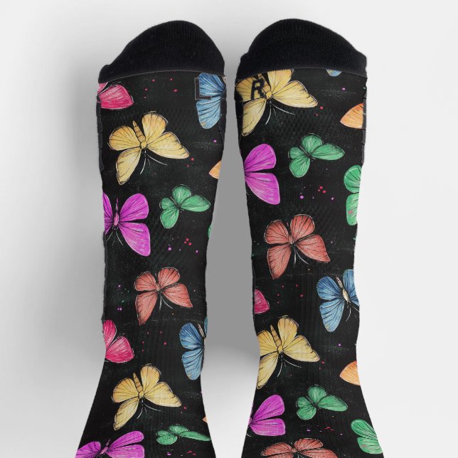 Butterfly Wings Chalk Drawing Pattern Black Socks (Top)