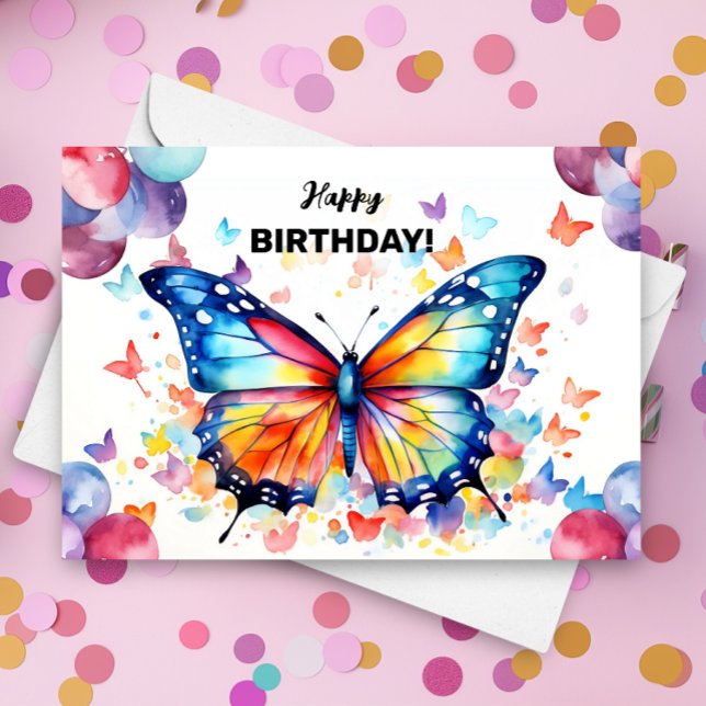 Butterfly with Brightly Colored Balloons Birthday  Card (Creator Uploaded)