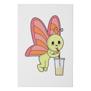 Butterfly with Drink & Drinking straw Faux Canvas Print
