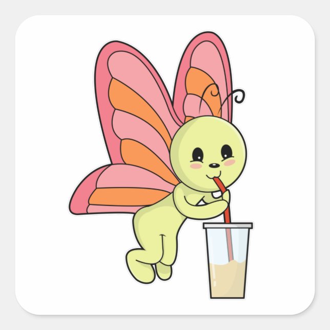 Butterfly with Drink & Drinking straw Square Sticker (Front)
