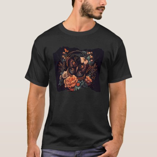 Butterfly With Flowers Around Boho Black T_Shirt